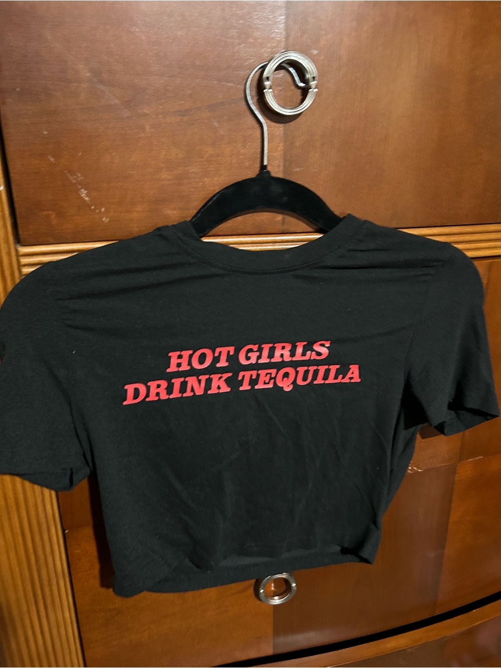 Black Crop Tee with Red 'Hot Girls Drink Tequila' Graphic - Crop Top